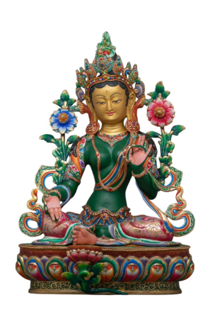 Green Tara hand-painted pure copper statue handcrafted in Bhutan